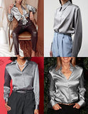 Black Silk Button Up Shirt Women Satin Blouse Casual V-Neck Long Sleeve Business Office Blouses Tops Black S