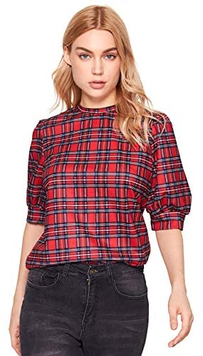 Women's Puff Sleeve Plaid Work Blouse High Neck Office Top