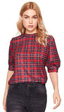 Women's Puff Sleeve Plaid Work Blouse High Neck Office Top