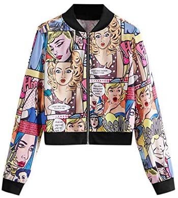 Women's Fashion Long Sleeve Comic Print Crop Bomber Zipper Jacket