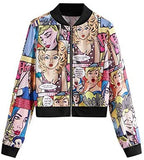 Women's Fashion Long Sleeve Comic Print Crop Bomber Zipper Jacket