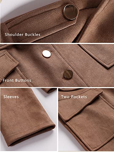 Faux Suede Jacket for Women Casual Long Sleeve Button Notch Collar Short Moto Biker Coat Fall Dark Khaki Small