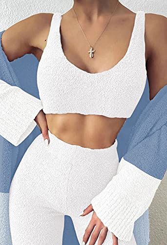 Womens Fuzzy Fleece 3 Piece Pajama Set Tank Crop Tops Pants Open Front Cardigan Lounge Outfit Light Blue S