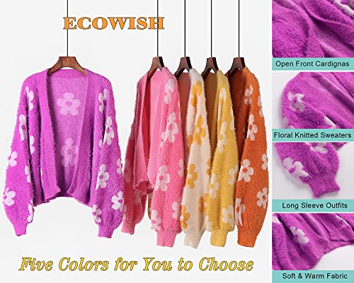 Women's Cardigan Sweaters - Floral Knit Open Front Crop Cardigans Long Sleeve Sweater Outwear Tops Orange L