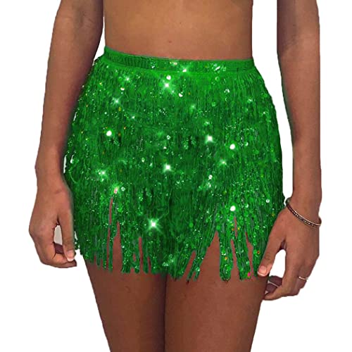 Belly Dance Hip Skirt Tassel Scarf Sequin Wrap Rave Costume for Women (Blue)