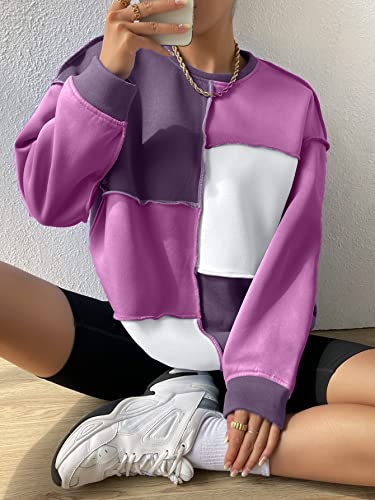 Women's Color Block Crew Neck Oversized Sweatshirt Drop Shoulder Casual Pullover