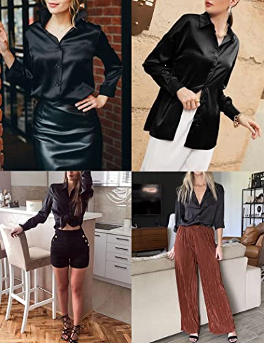Black Silk Button Up Shirt Women Satin Blouse Casual V-Neck Long Sleeve Business Office Blouses Tops Black S