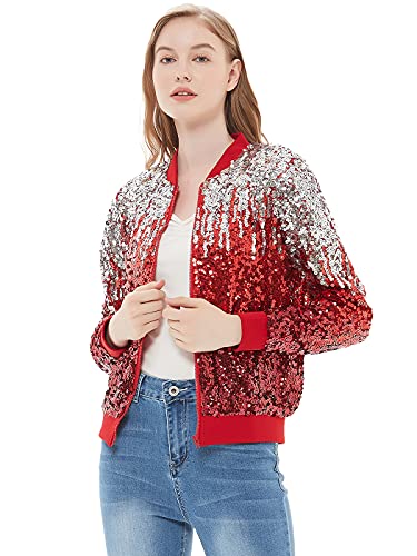Womens Sequin Long Sleeve Front Zip Jacket with Ribbed Cuffs, Gold, Small