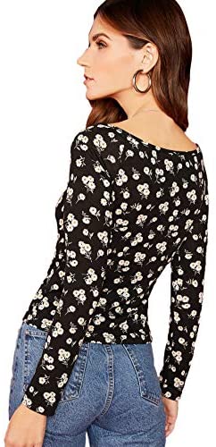 Women's Knot Front Printed Square Neck Fitted Long Sleeve Tee Blouse Top