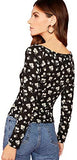 Women's Knot Front Printed Square Neck Fitted Long Sleeve Tee Blouse Top