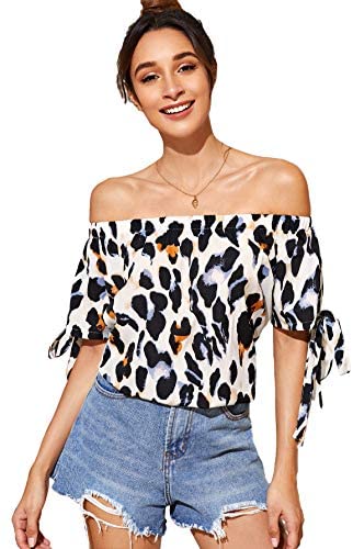 Women's Off Shoulder Slit Sleeve Tie Cuff Blouse Top Multicoloured
