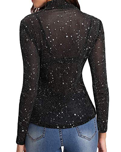 Women's Long Sleeve Short Sleeve Glitter Sheer Mesh Tops T Shirt Blouse Clubwear