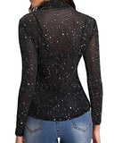 Women's Long Sleeve Short Sleeve Glitter Sheer Mesh Tops T Shirt Blouse Clubwear