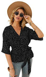 Women's Casual Polka-Dot 3/4 Sleeve V-Neck Blouse Tie Waist Pullover Top