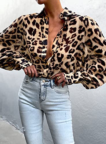 Women's Leopard Print Button Down Shirt - Long Sleeve, V Neck, Business Casual