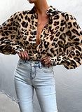 Women's Leopard Print Button Down Shirt - Long Sleeve, V Neck, Business Casual