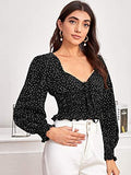 Women's Long Bishop Sleeve Polka-dot Crop Top Blouse Shirred Tie Front Sweetheart Neck Shirt