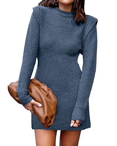 Women Sweater Bodycon Short Dress Long Sleeve Crew Neck Slim Fit Solid Dressy Fall Winter Mini Ribbed Knit Dresses(Solid Dark Coffee, Large)