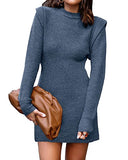 Women Sweater Bodycon Short Dress Long Sleeve Crew Neck Slim Fit Solid Dressy Fall Winter Mini Ribbed Knit Dresses(Solid Dark Coffee, Large)