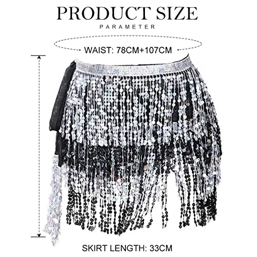 Belly Dance Hip Skirt Tassel Scarf Sequin Wrap Rave Costume for Women (Blue)