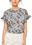 Women's Peter Pan Collar Floral Blouse Short Ruffle Sleeve Babydoll Shirt Top