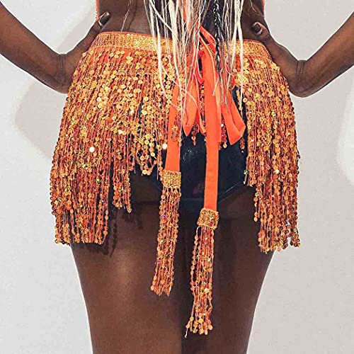 Belly Dance Hip Skirt Tassel Scarf Sequin Wrap Rave Costume for Women (Blue)