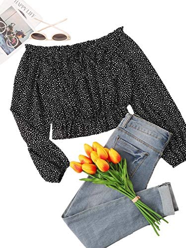 Women's Sexy Polk Dots Print Crop Top Off Shoulder Long Sleeve Blouse Tops