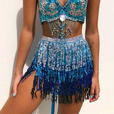 Belly Dance Hip Skirt Tassel Scarf Sequin Wrap Rave Costume for Women (Blue)