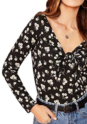 Women's Knot Front Printed Square Neck Fitted Long Sleeve Tee Blouse Top