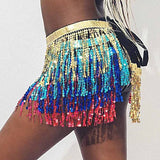 Belly Dance Hip Skirt Tassel Scarf Sequin Wrap Rave Costume for Women (Blue)