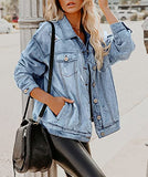 Denim Jacket for Women Distressed Ripped Frayed Crop Jean Jacket American Flag Long Sleeve Light Blue Button Closure Bike Coat