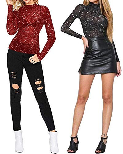 Women's Long Sleeve Short Sleeve Glitter Sheer Mesh Tops T Shirt Blouse Clubwear