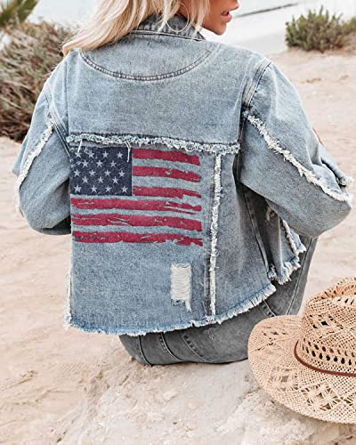 Denim Jacket for Women Distressed Ripped Frayed Crop Jean Jacket American Flag Long Sleeve Light Blue Button Closure Bike Coat