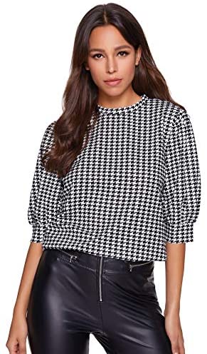 Women's Puff Sleeve Plaid Work Blouse High Neck Office Top