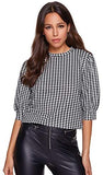 Women's Puff Sleeve Plaid Work Blouse High Neck Office Top