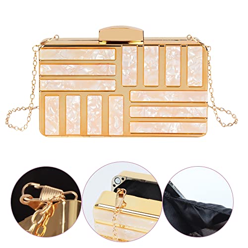 Women Lattice Pattern Metal Handbag Chain Geometric Evening Clutch Purse, Gold