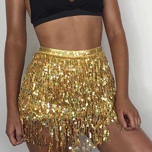 Belly Dance Hip Skirt Tassel Scarf Sequin Wrap Rave Costume for Women (Blue)