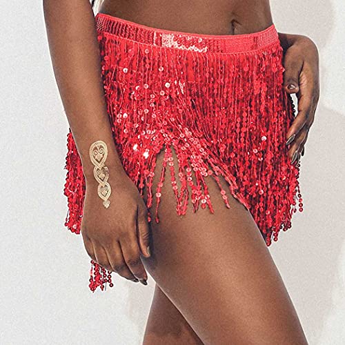 Belly Dance Hip Skirt Tassel Scarf Sequin Wrap Rave Costume for Women (Blue)
