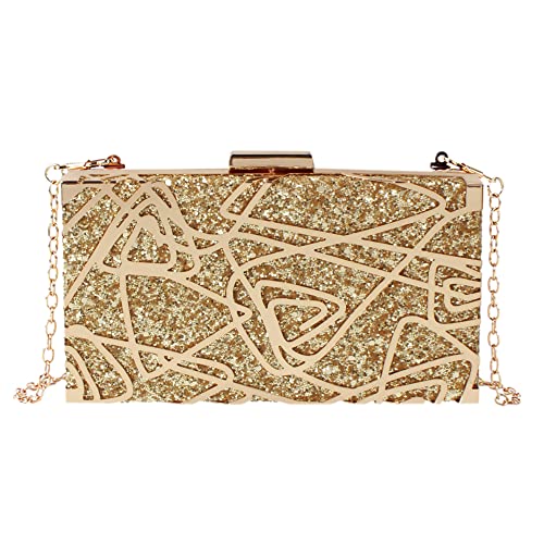 Women Lattice Pattern Metal Handbag Chain Geometric Evening Clutch Purse, Gold