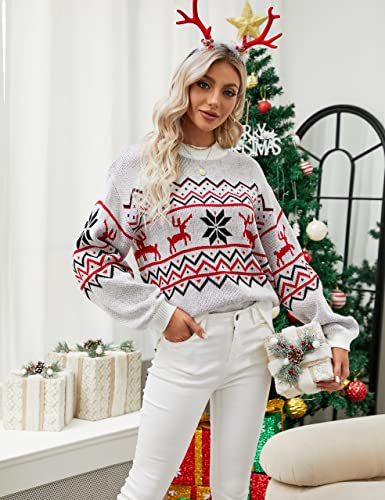 Women's Chunky Sweater Crewneck Sweatshirt Knit Lantern Sleeve Oversized Pullover Sweater with Pearls (Large, Grey)