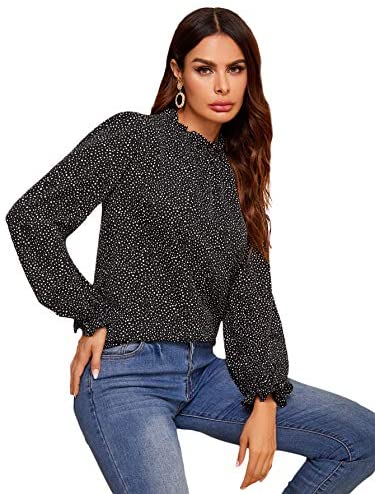 Women's Casual Mock Neck Long Sleeve Dalmatian Print Ruffle Trim Blouse Tops Shirts Black