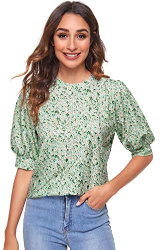 Women's Floral Puff Sleeve Blouse for Work Office Hight Neck Top
