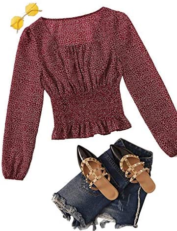 Women's Sexy Frill Ditsy Floral Print Crop Top Square Neck Long Sleeve Shirred Blouse Tops