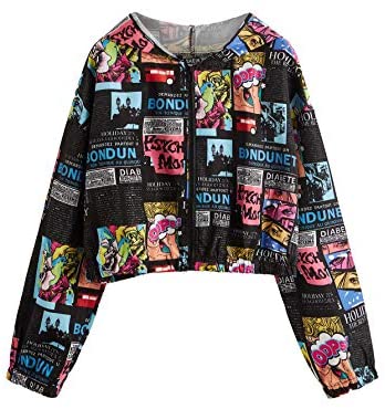 Women's Fashion Long Sleeve Comic Print Crop Bomber Zipper Jacket