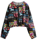 Women's Fashion Long Sleeve Comic Print Crop Bomber Zipper Jacket