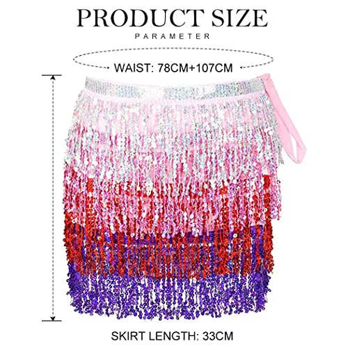 Belly Dance Hip Skirt Tassel Scarf Sequin Wrap Rave Costume for Women (Blue)