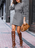 Women Sweater Bodycon Short Dress Long Sleeve Crew Neck Slim Fit Solid Dressy Fall Winter Mini Ribbed Knit Dresses(Solid Dark Coffee, Large)
