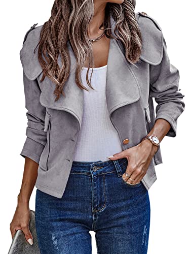 Faux Suede Jacket for Women Casual Long Sleeve Button Notch Collar Short Moto Biker Coat Fall Dark Khaki Small