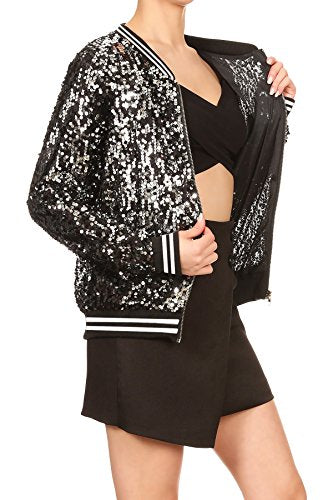 Womens Sequin Long Sleeve Front Zip Jacket with Ribbed Cuffs, Gold, Small