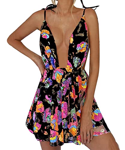 Sexy Women Girls Sequin Dresses Backless Spaghetti Mini Dress Sparkly Rave Birthday Party Cocktail Clubwear (Black A, Small